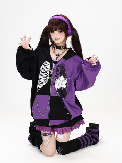 Crazy Girl Skull Memory Chip Colorblock Punk Loose Women&