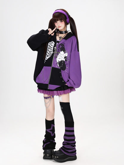 Crazy Girl Skull Memory Chip Colorblock Punk Loose Women&
