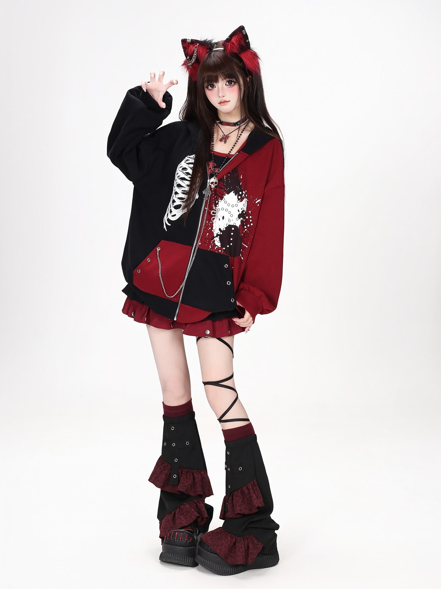 Crazy Girl Skull Memory Chip Colorblock Punk Loose Women&