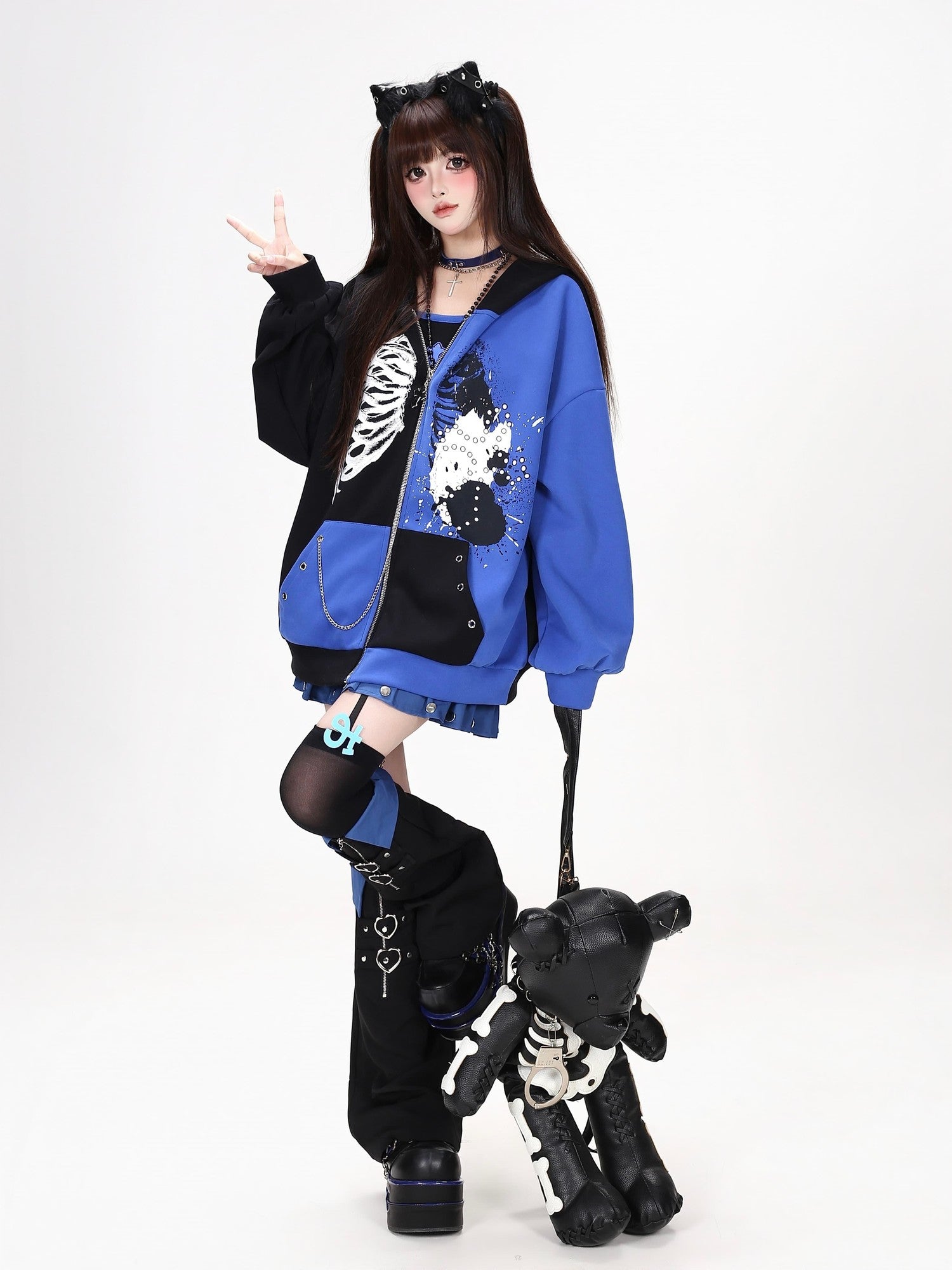 Crazy Girl Skull Memory Chip Colorblock Punk Loose Women&