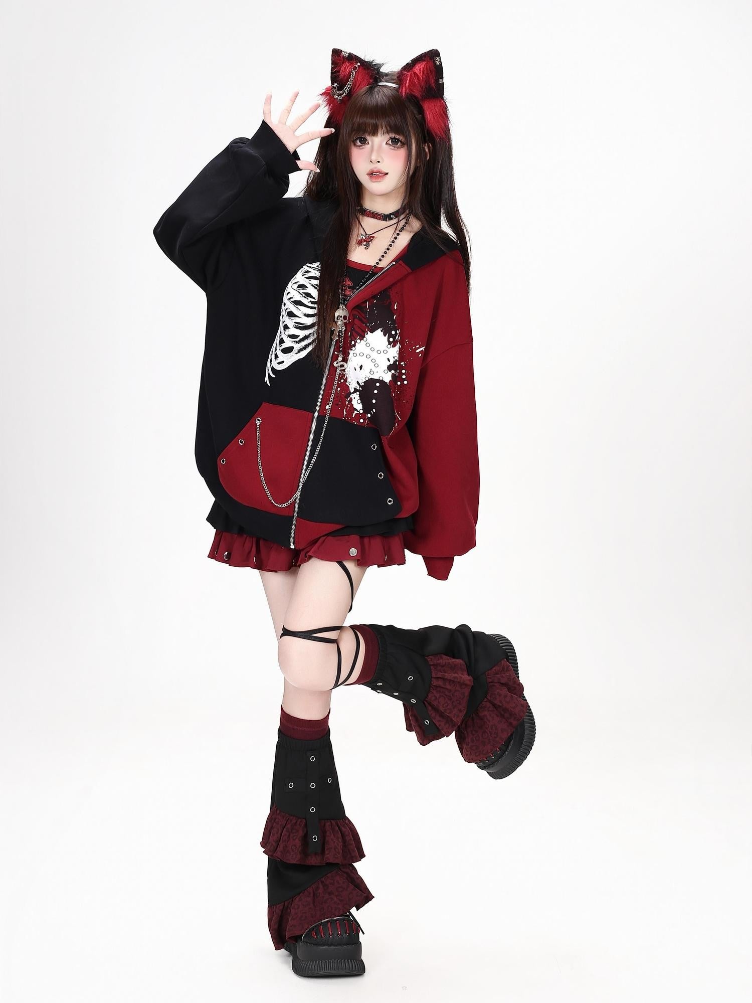 Crazy Girl Skull Memory Chip Colorblock Punk Loose Women&