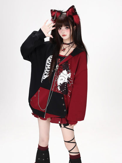 Crazy Girl Skull Memory Chip Colorblock Punk Loose Women&