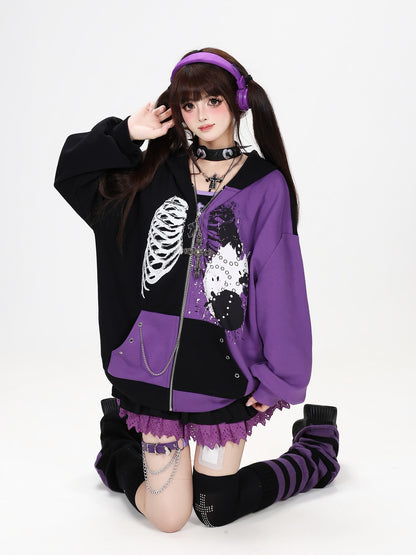 Crazy Girl Skull Memory Chip Colorblock Punk Loose Women&