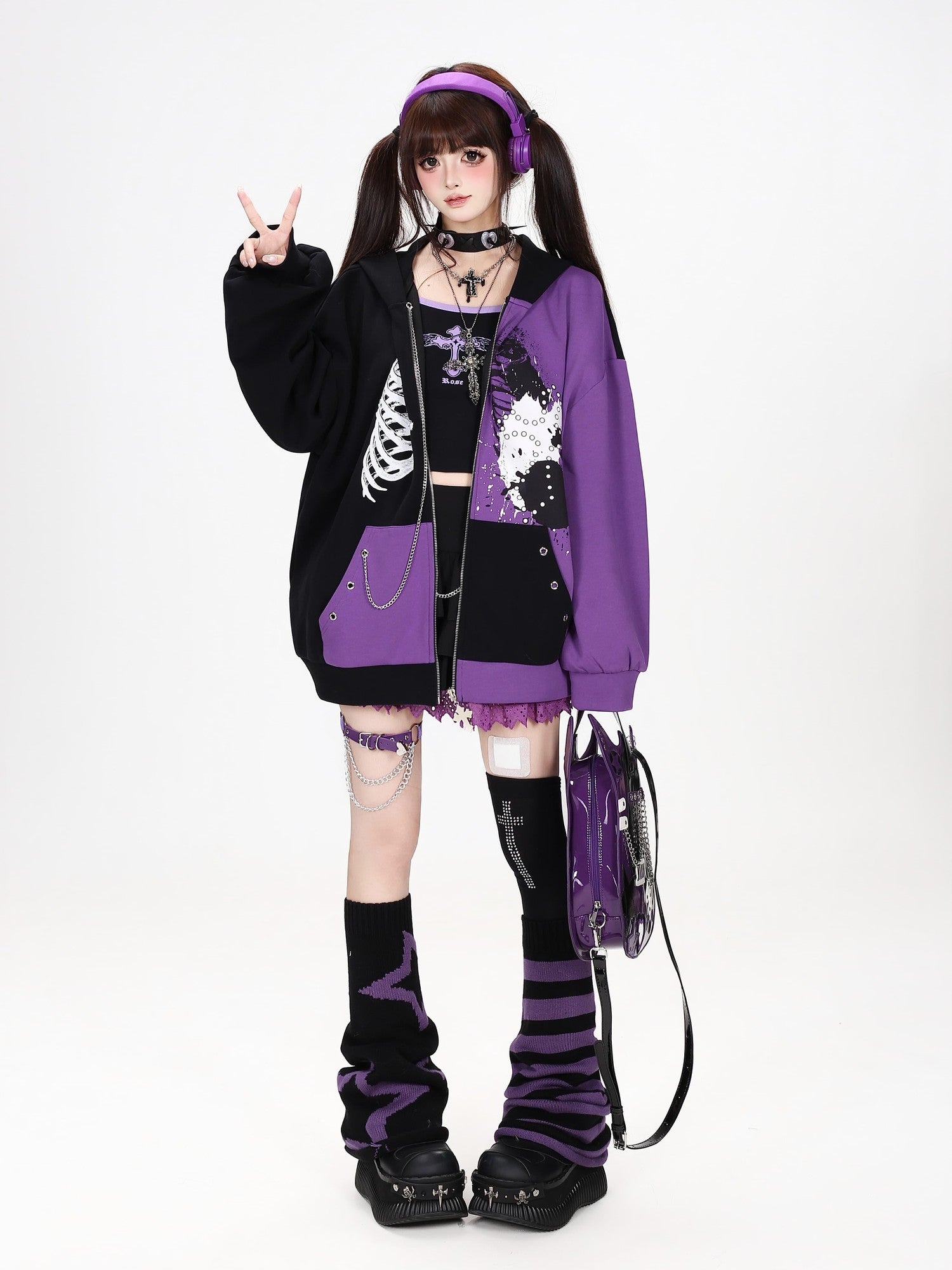 Crazy Girl Skull Memory Chip Colorblock Punk Loose Women&