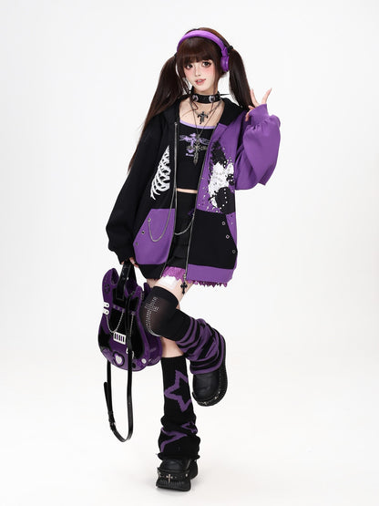 Crazy Girl Skull Memory Chip Colorblock Punk Loose Women&
