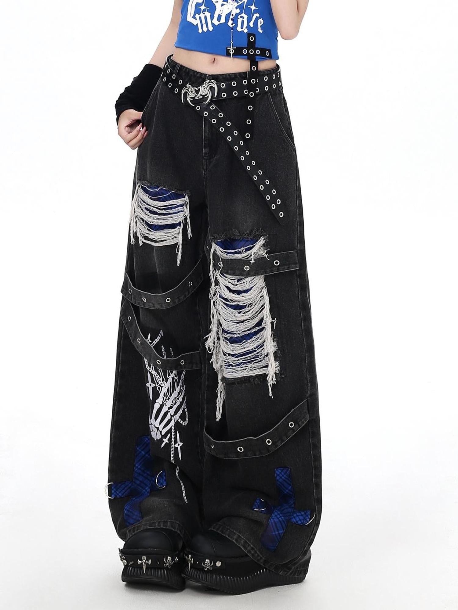 Crazy Girl Skull Print Punk Ripped High Waist Women&