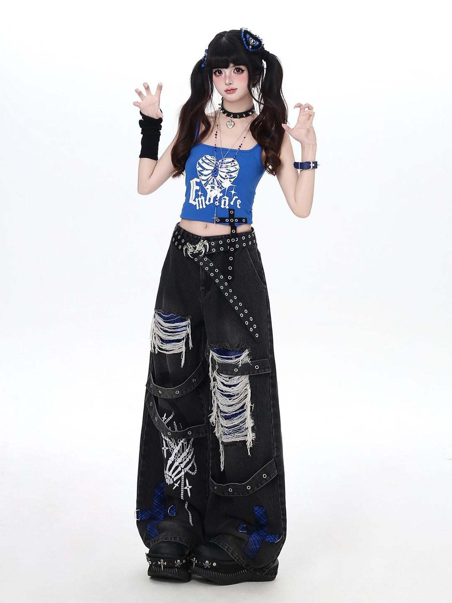 Crazy Girl Skull Print Punk Ripped High Waist Women&