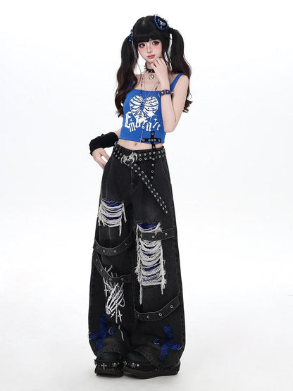 Crazy Girl Skull Print Punk Ripped High Waist Women&