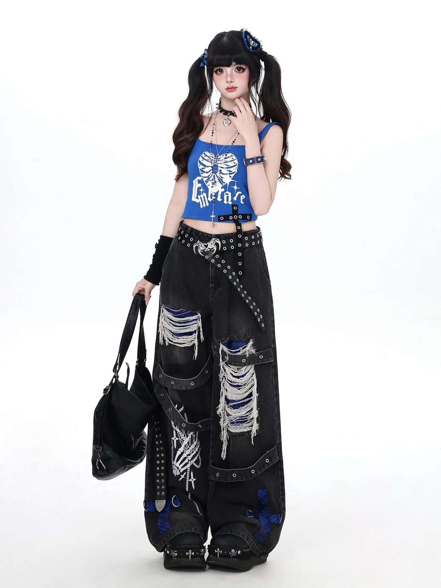Crazy Girl Skull Print Punk Ripped High Waist Women&