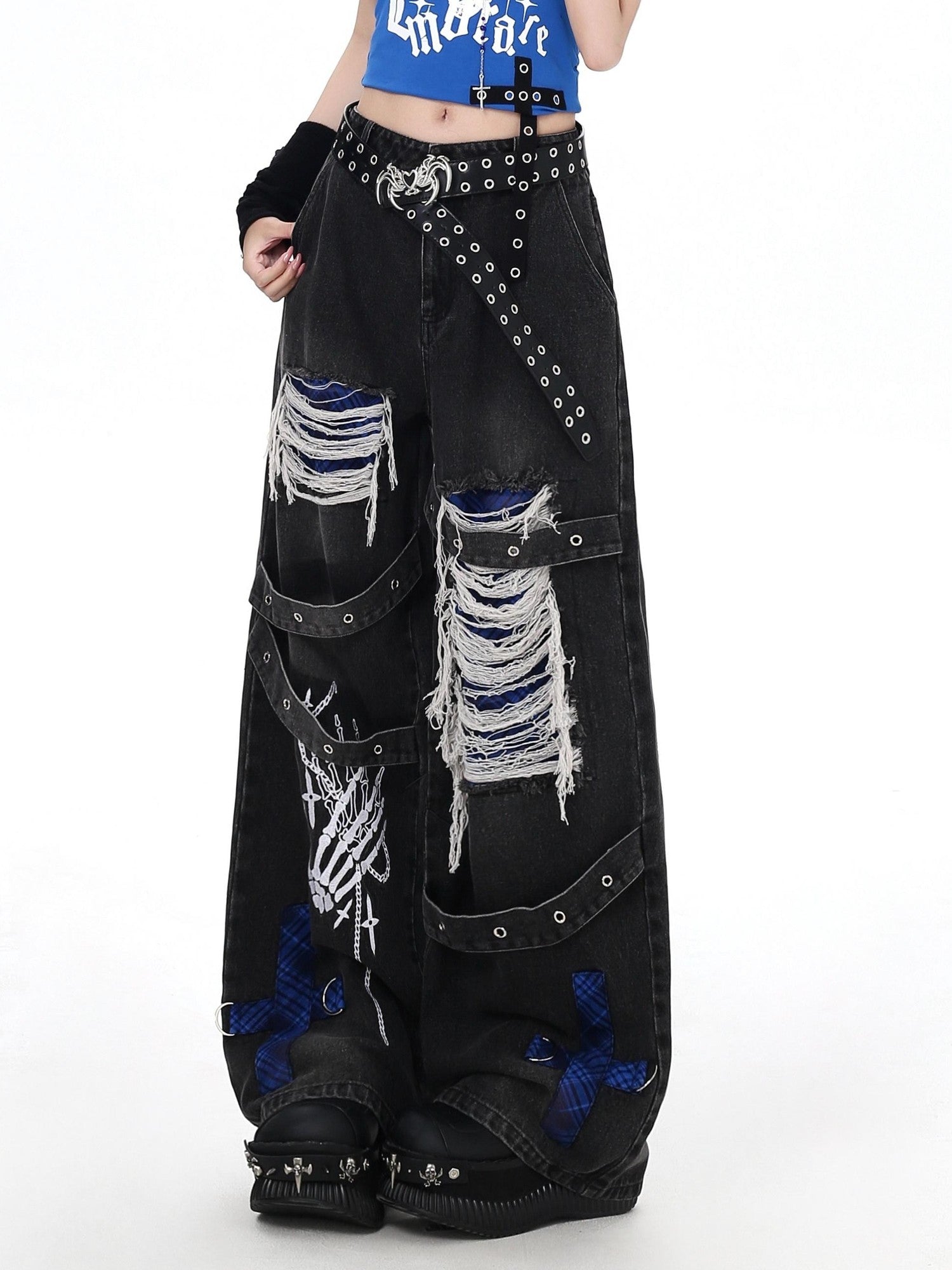 Crazy Girl Skull Print Punk Ripped High Waist Women&