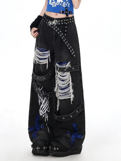 Crazy Girl Skull Print Punk Ripped High Waist Women&