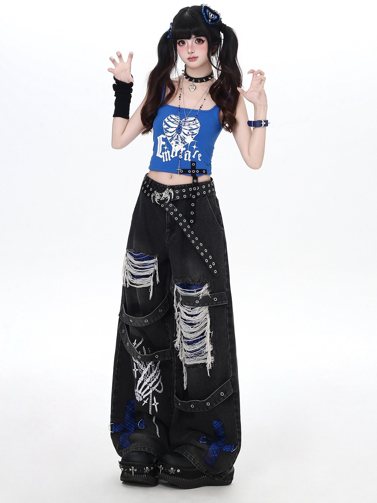 Crazy Girl Skull Print Punk Ripped High Waist Women&