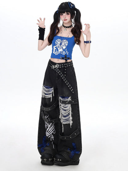 Crazy Girl Skull Print Punk Ripped High Waist Women&