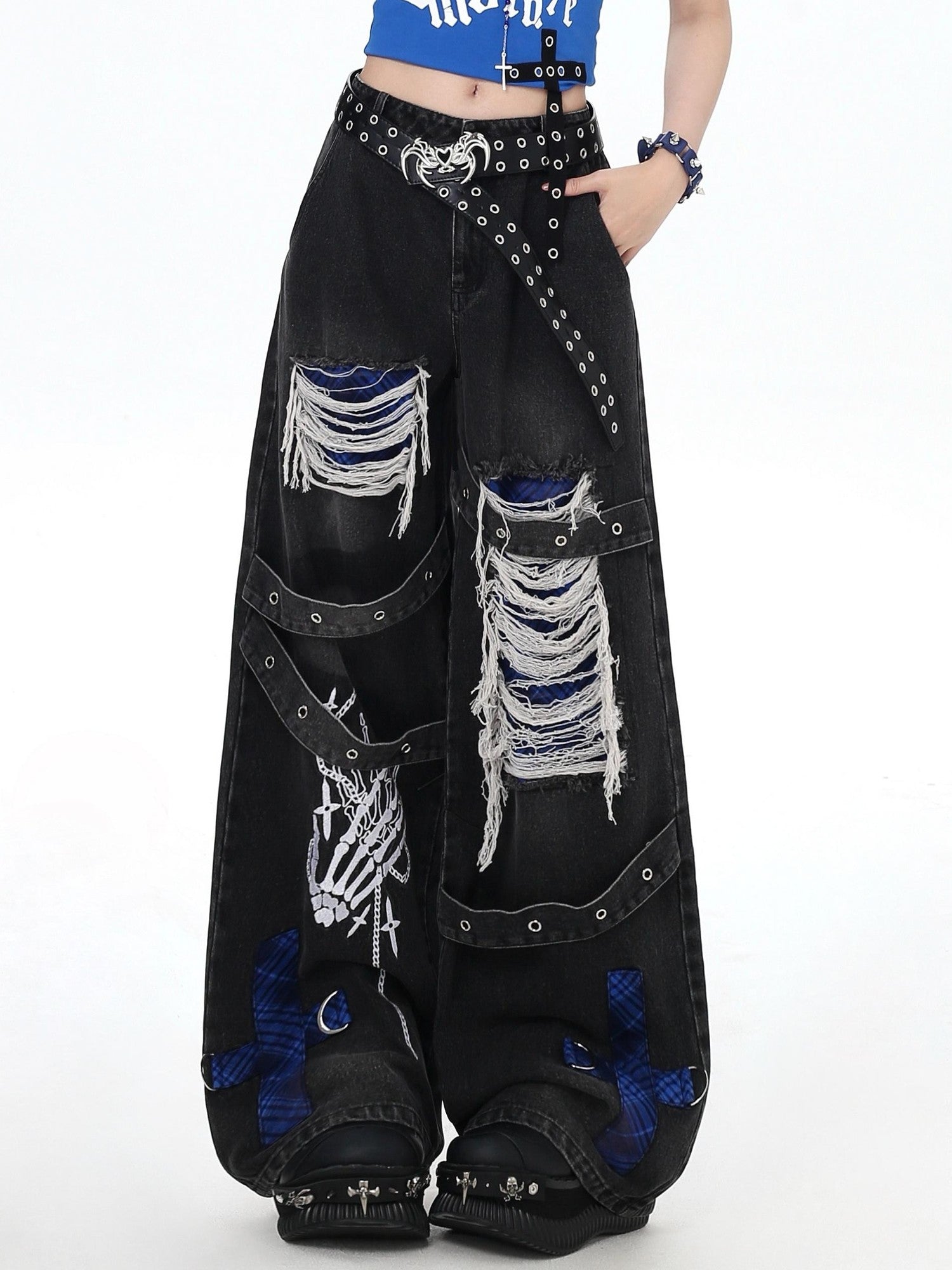 Crazy Girl Skull Print Punk Ripped High Waist Women&