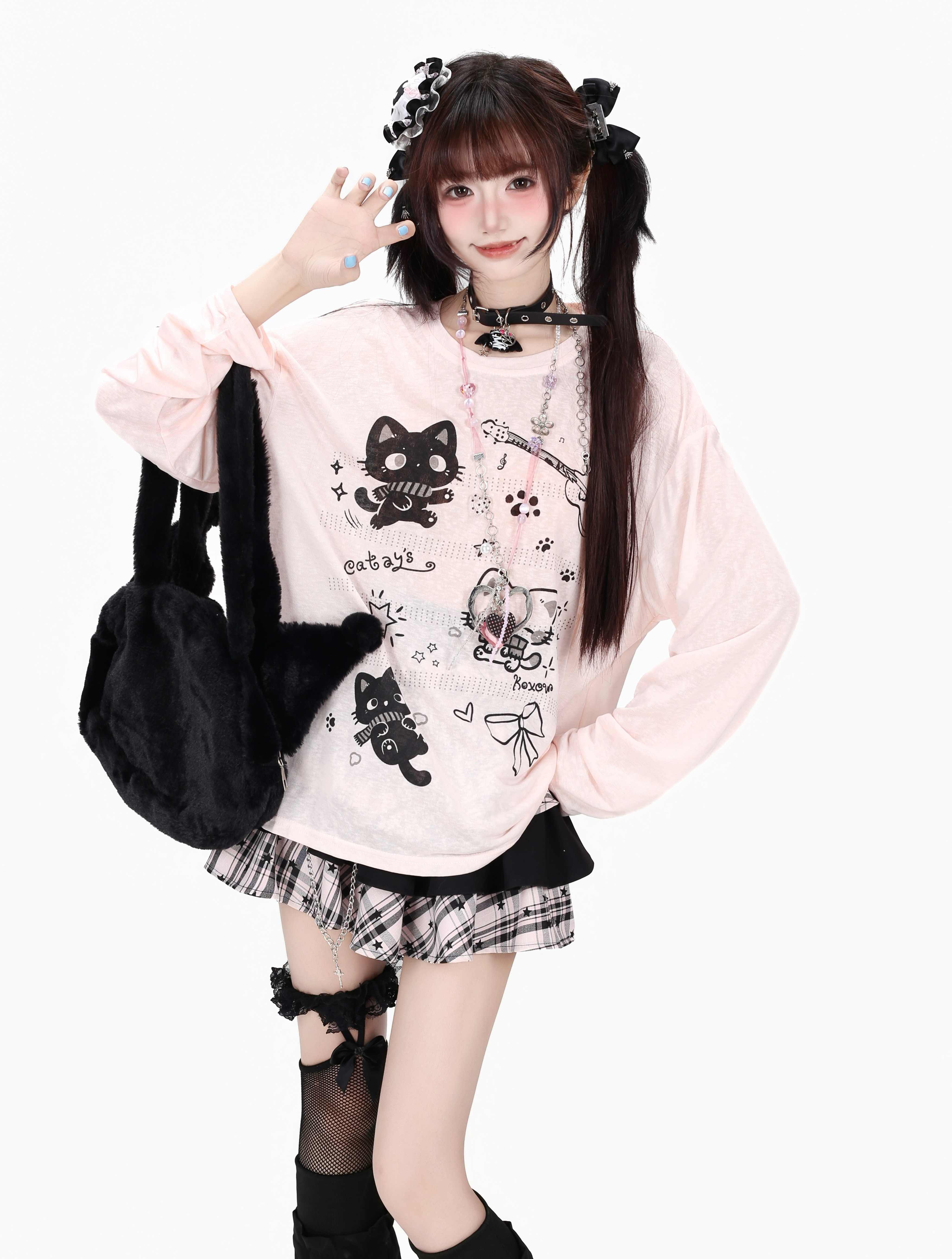 Crazy_Girl_Soft_Cute_Guitar_Cat_Printed_Round_Neck_Loose_Fit_Women&