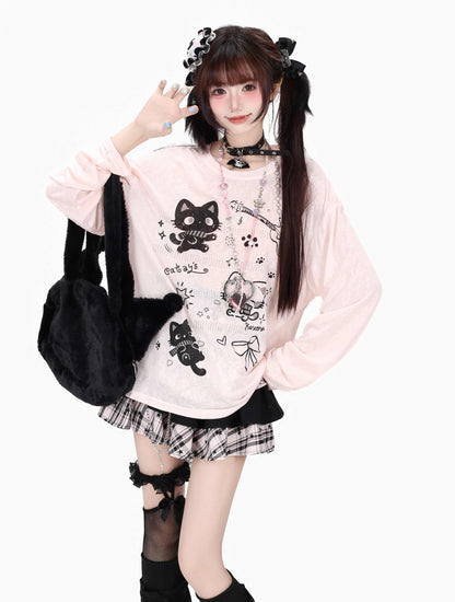 Crazy_Girl_Soft_Cute_Guitar_Cat_Printed_Round_Neck_Loose_Fit_Women&