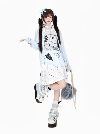 Crazy Girl Soft Cute Guitar Cat Printed Round Neck Loose Fit Women&