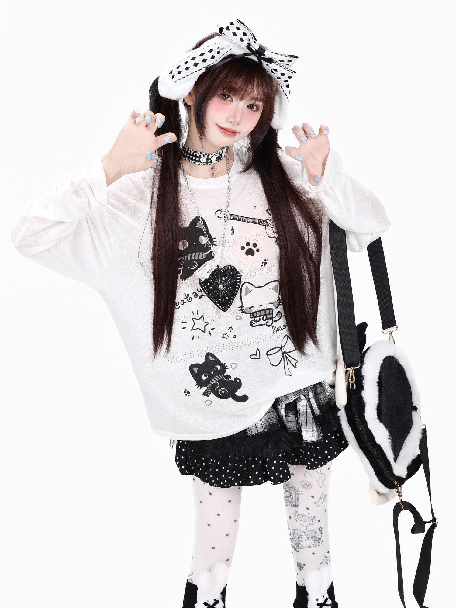 Crazy Girl Soft Cute Guitar Cat Printed Round Neck Loose Fit Women&