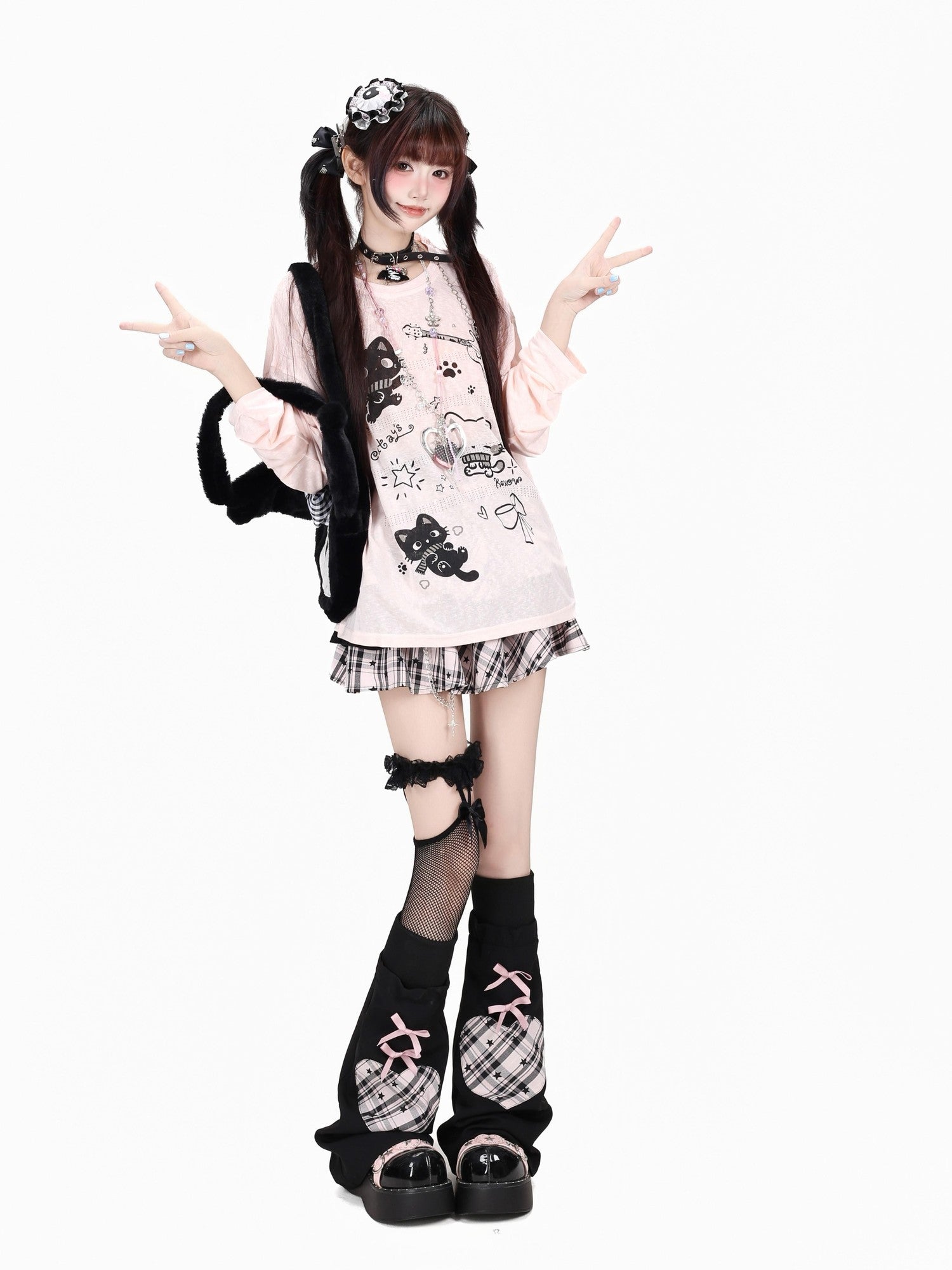 Crazy Girl Soft Cute Guitar Cat Printed Round Neck Loose Fit Women&