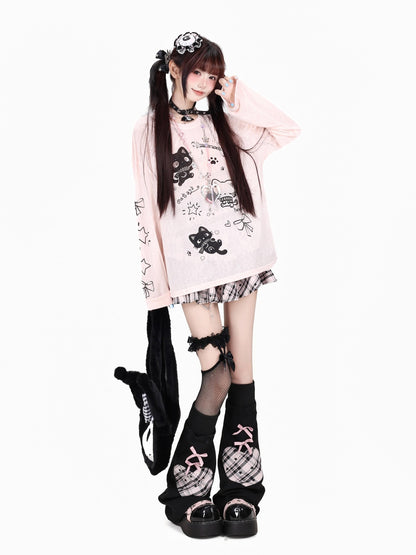Crazy Girl Soft Cute Guitar Cat Printed Round Neck Loose Fit Women&