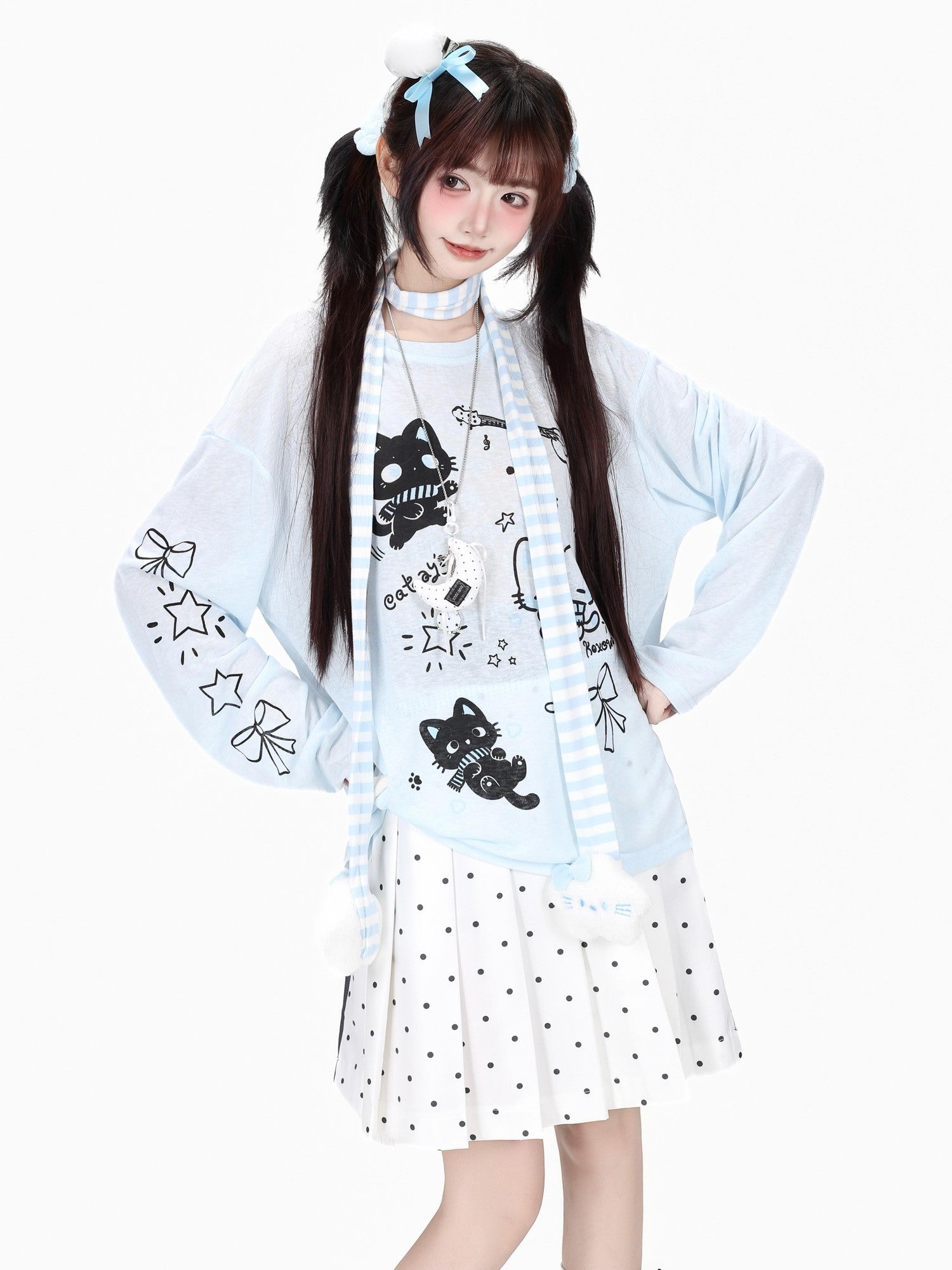Crazy Girl Soft Cute Guitar Cat Printed Round Neck Loose Fit Women&