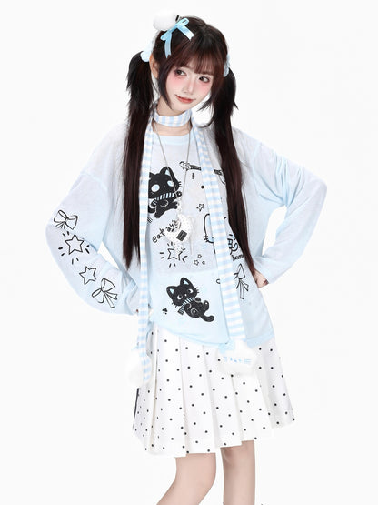 Crazy Girl Soft Cute Guitar Cat Printed Round Neck Loose Fit Women&