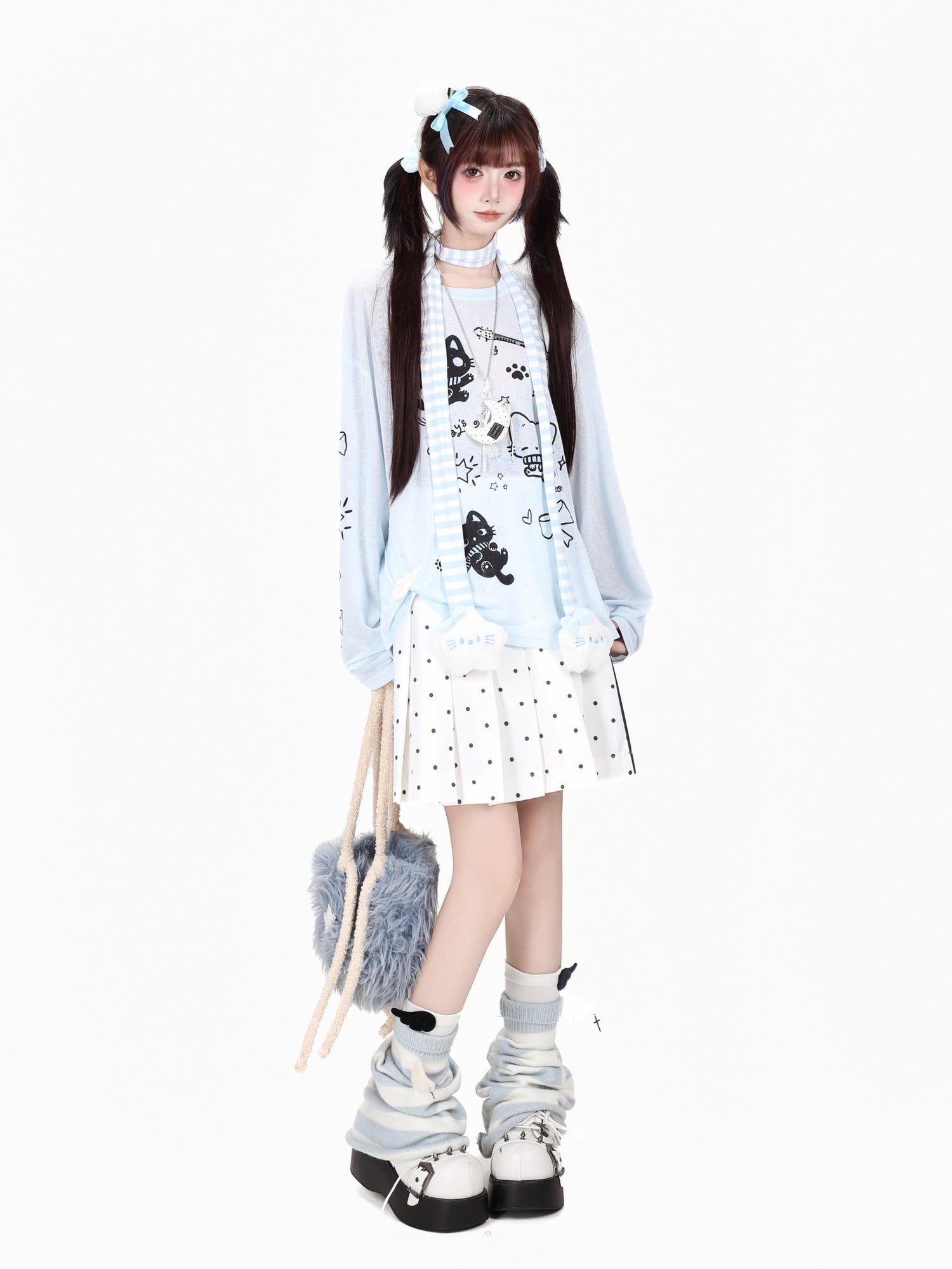 Crazy Girl Soft Cute Guitar Cat Printed Round Neck Loose Fit Women&