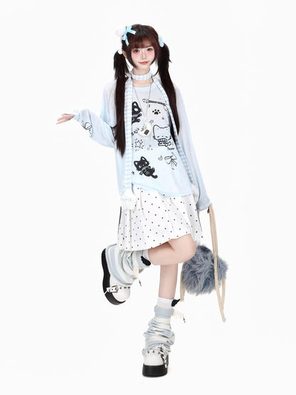Crazy Girl Soft Cute Guitar Cat Printed Round Neck Loose Fit Women&