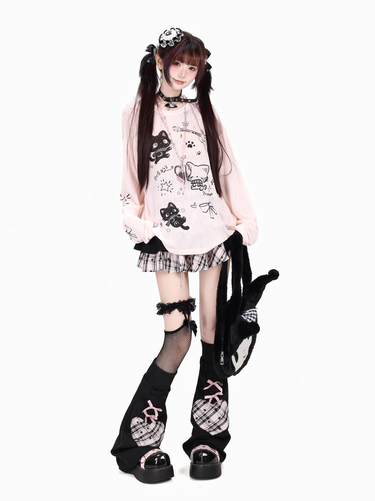 Crazy Girl Soft Cute Guitar Cat Printed Round Neck Loose Fit Women&