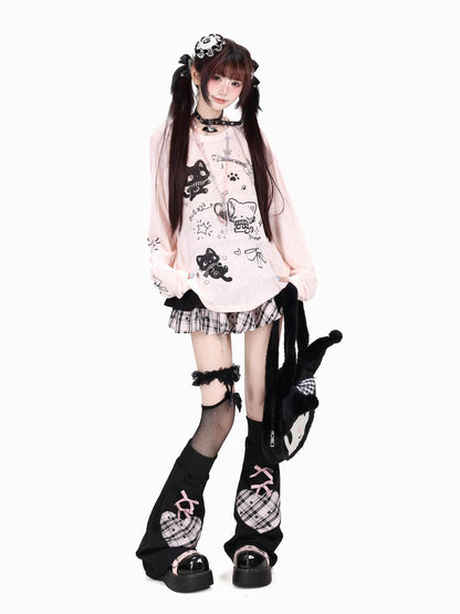 Crazy Girl Soft Cute Guitar Cat Printed Round Neck Loose Fit Women&