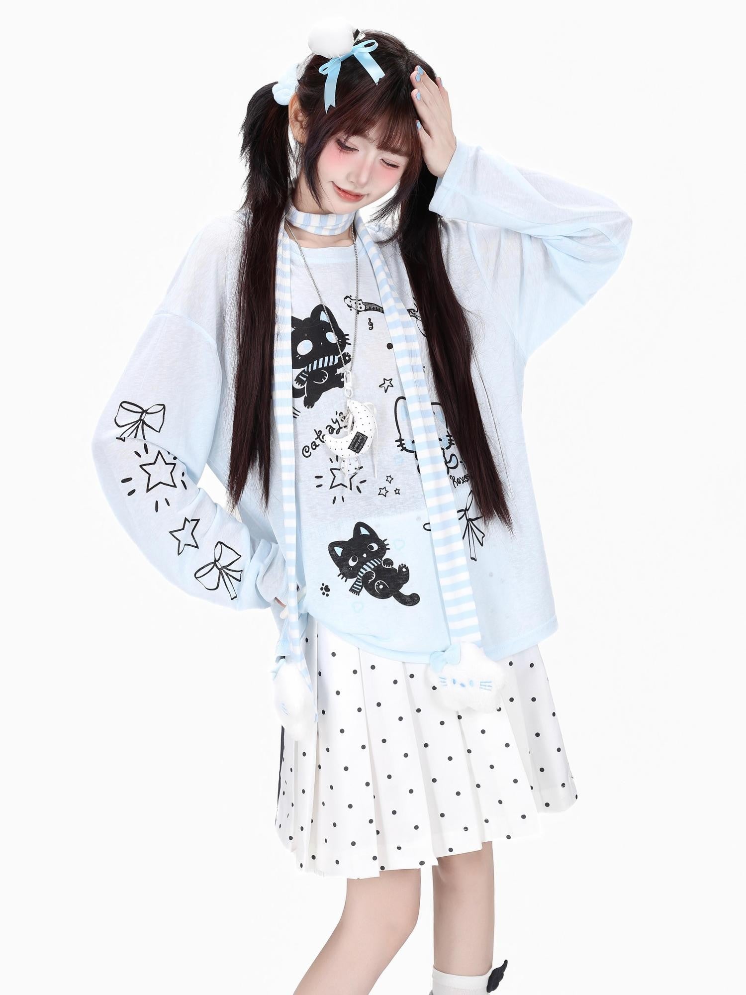 Crazy Girl Soft Cute Guitar Cat Printed Round Neck Loose Fit Women&