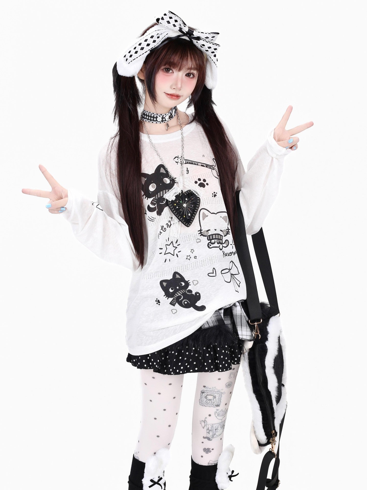 Crazy Girl Soft Cute Guitar Cat Printed Round Neck Loose Fit Women&