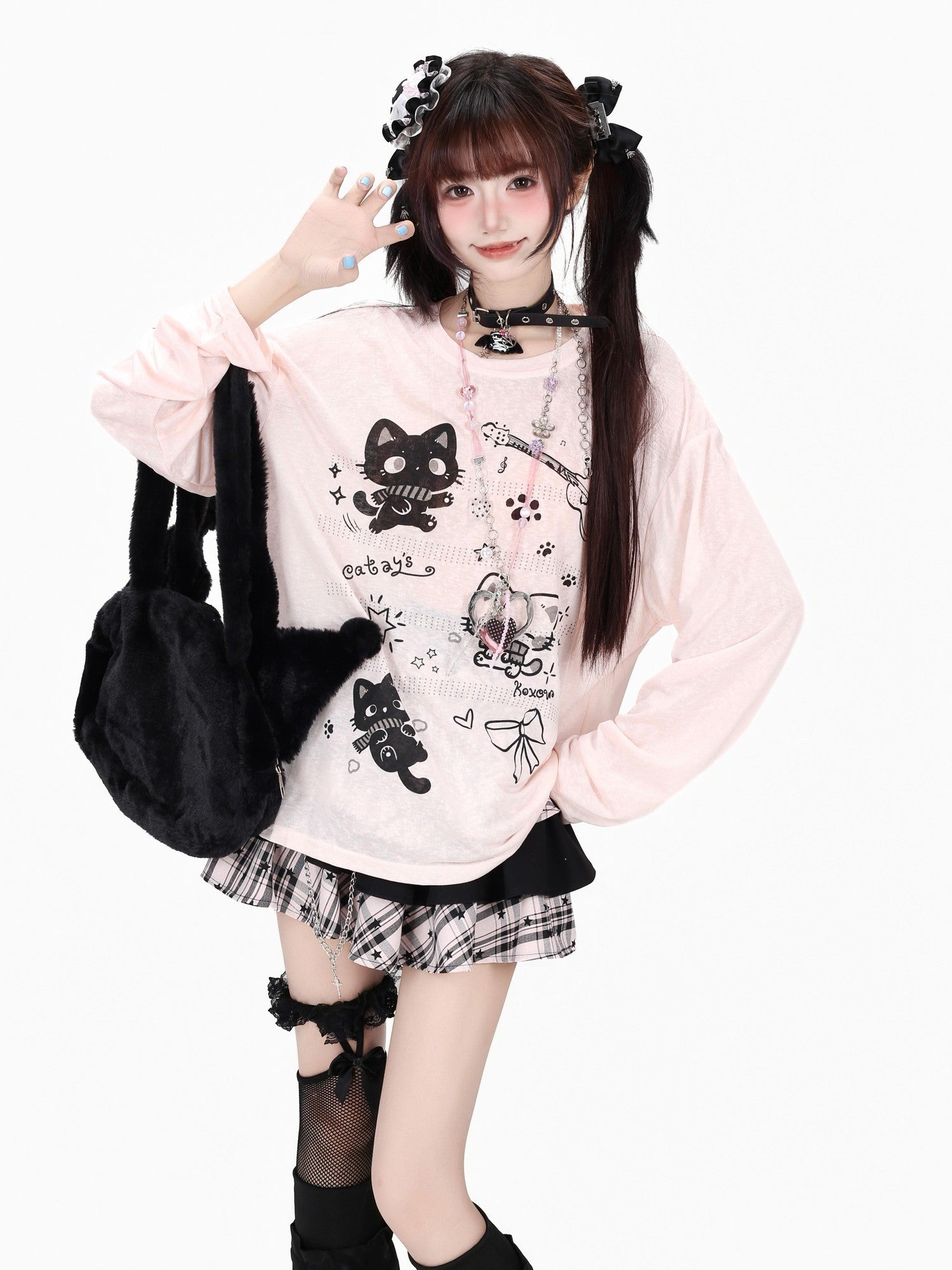 Crazy Girl Soft Cute Guitar Cat Printed Round Neck Loose Fit Women&