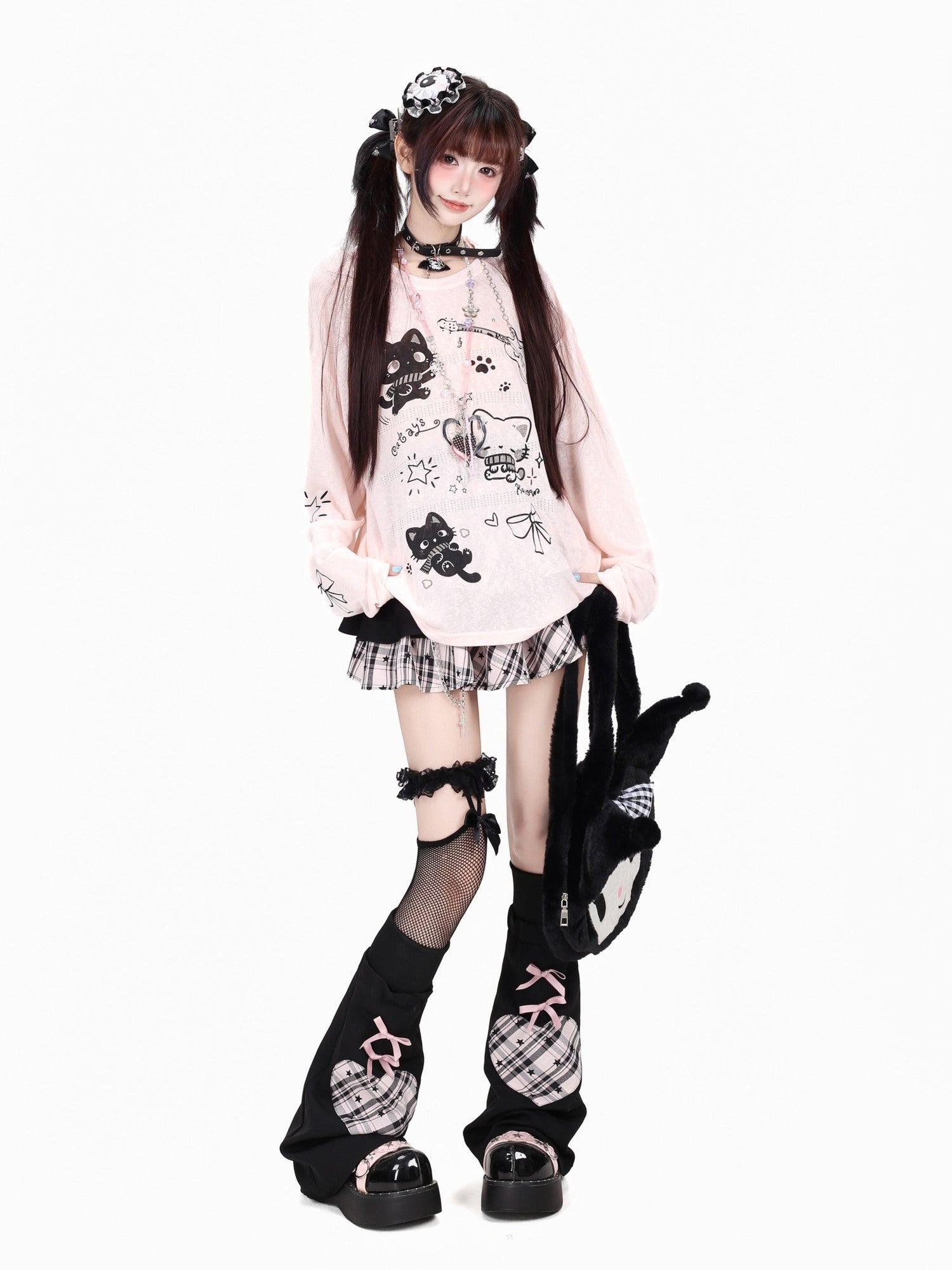 Crazy Girl Soft Cute Guitar Cat Printed Round Neck Loose Fit Women&