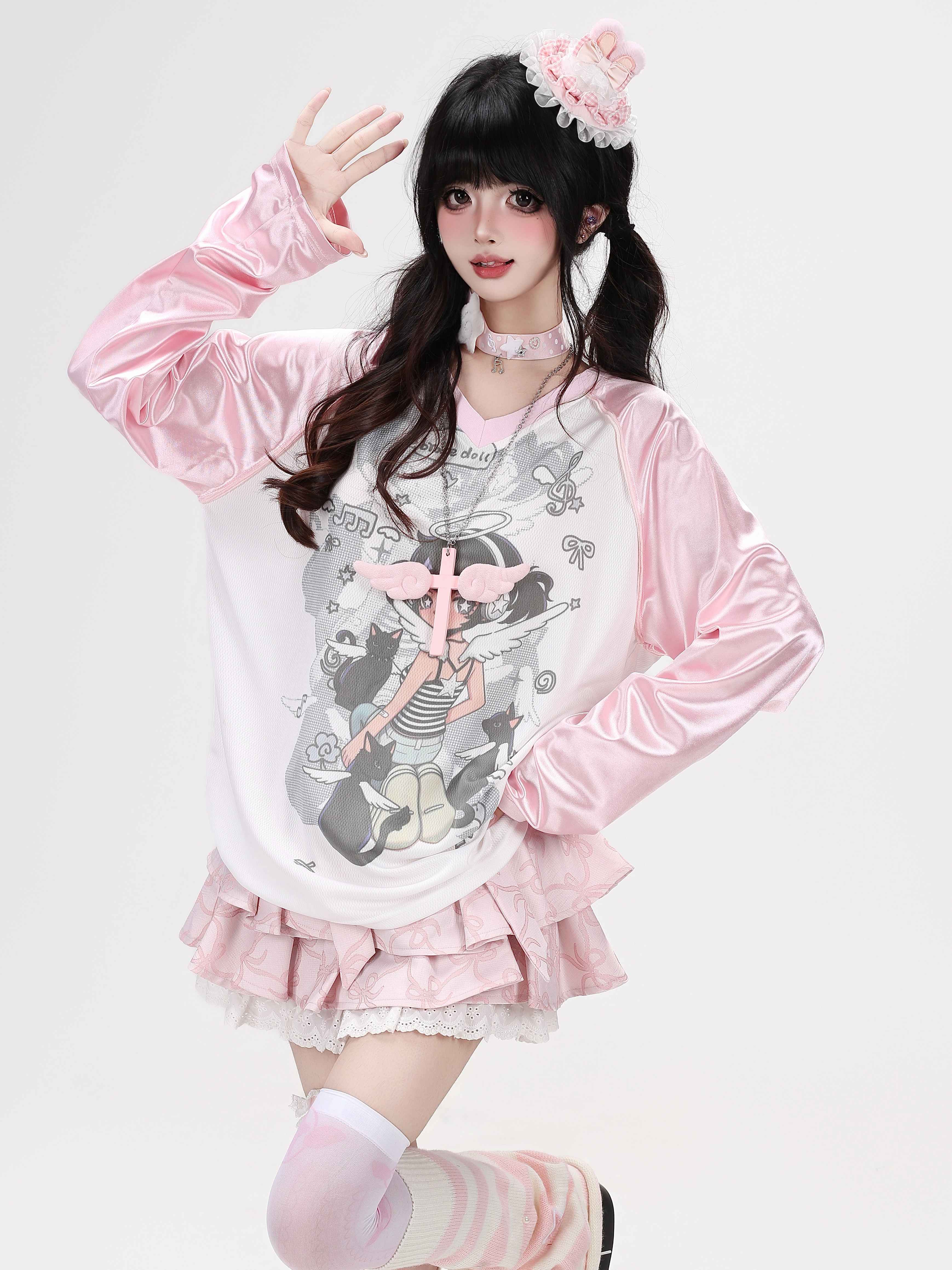 Crazy_Girl_Soft_Girl_V-neck_Raglan_Patchwork_Breathable_Loose_Women&