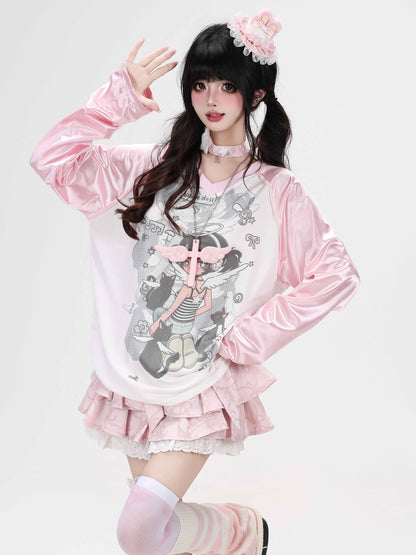 Crazy_Girl_Soft_Girl_V-neck_Raglan_Patchwork_Breathable_Loose_Women&