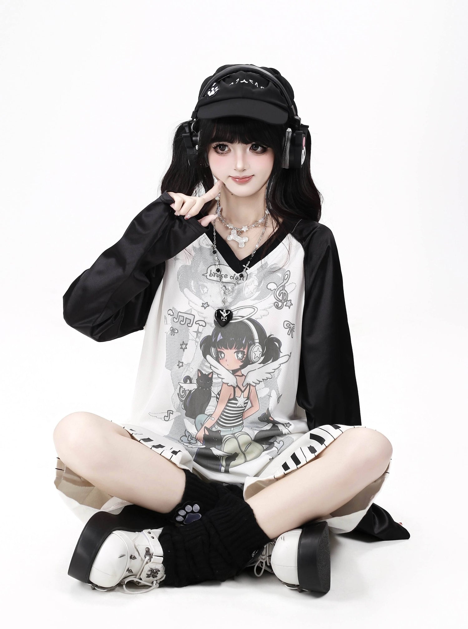 Crazy_Girl_Soft_Girl_V-neck_Raglan_Patchwork_Breathable_Loose_Women&