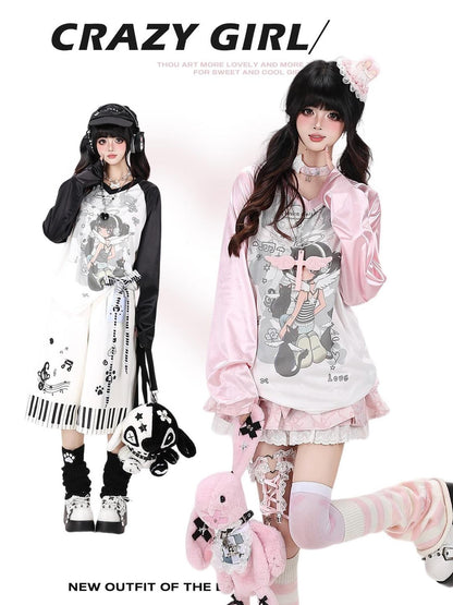Crazy Girl Soft Girl V-neck Raglan Patchwork Breathable Loose Women&