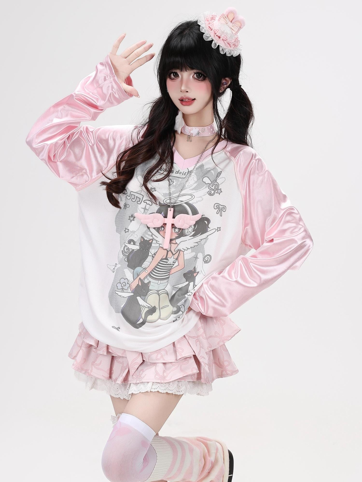 Crazy Girl Soft Girl V-neck Raglan Patchwork Breathable Loose Women&