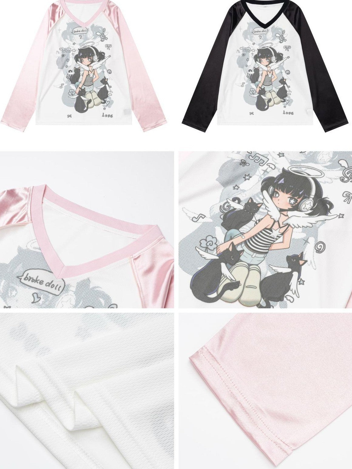 Crazy Girl Soft Girl V-neck Raglan Patchwork Breathable Loose Women&