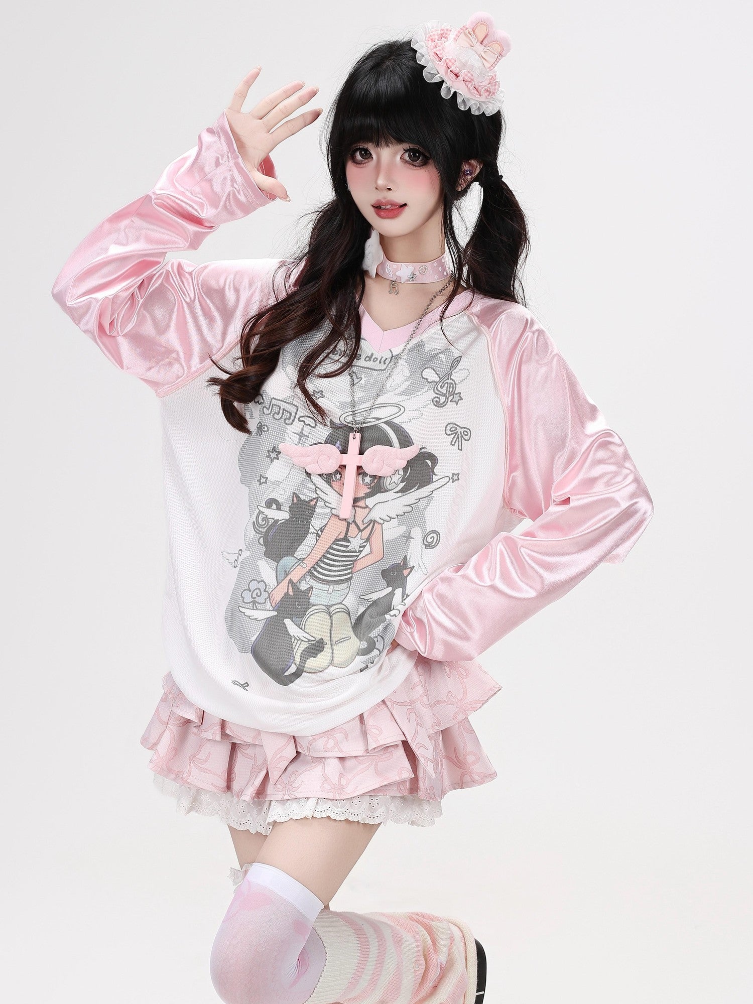 Crazy Girl Soft Girl V-neck Raglan Patchwork Breathable Loose Women&