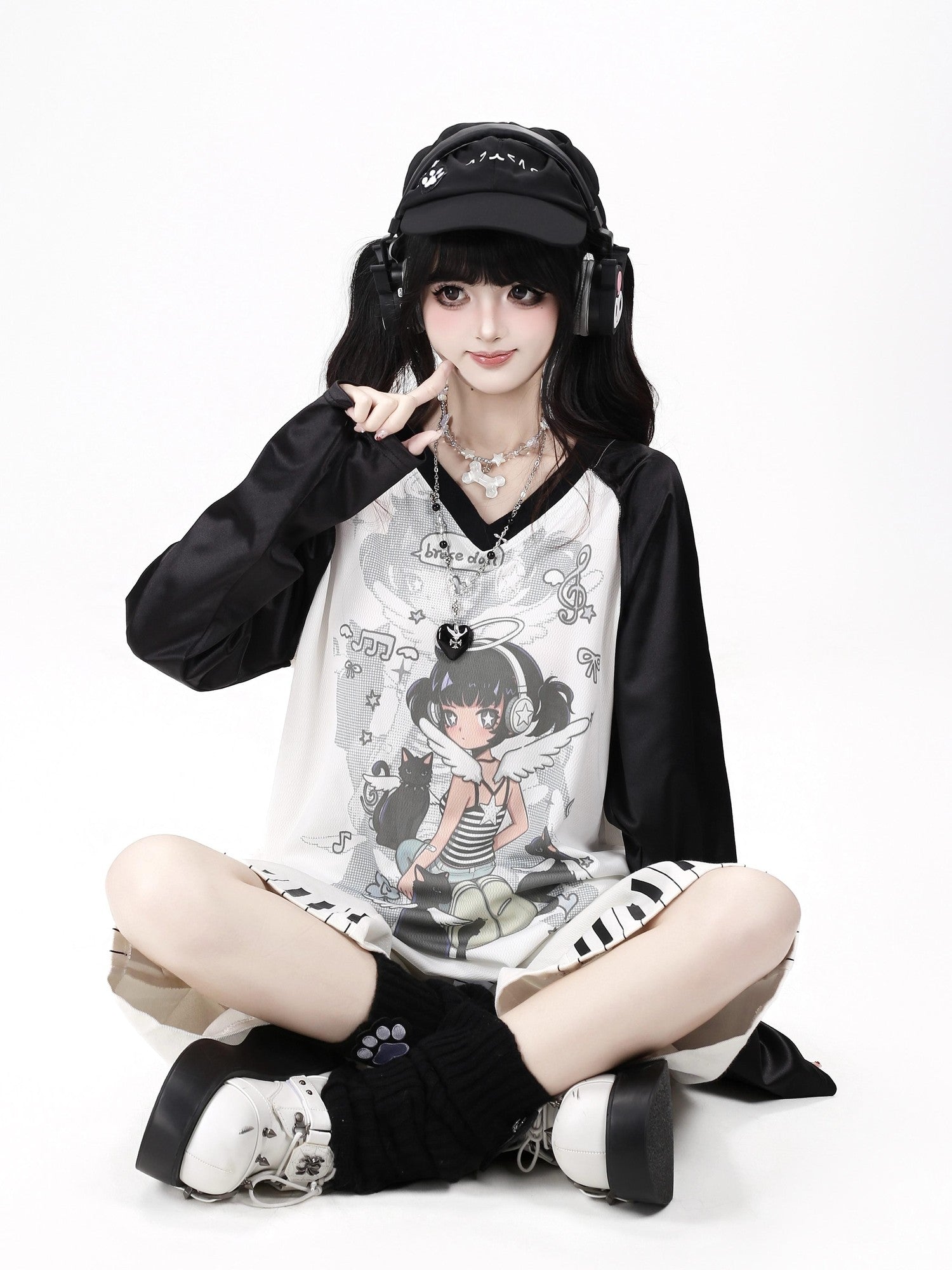Crazy Girl Soft Girl V-neck Raglan Patchwork Breathable Loose Women&