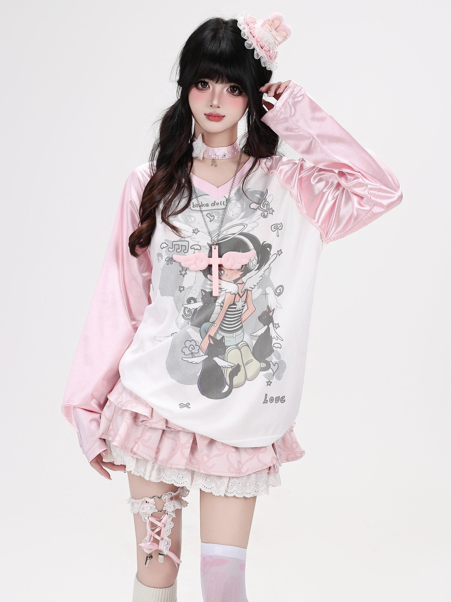 Crazy Girl Soft Girl V-neck Raglan Patchwork Breathable Loose Women&