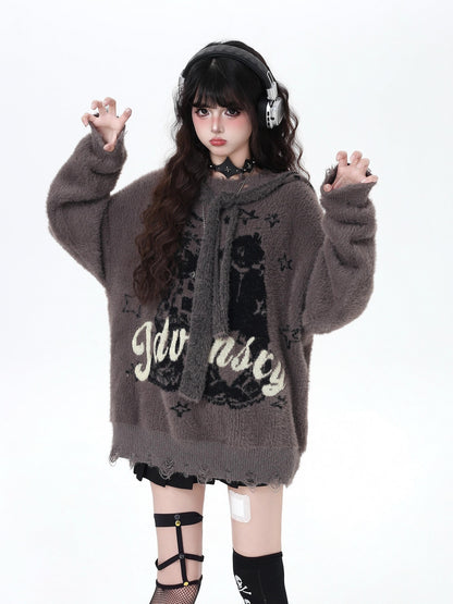 Crazy Girl Soft Relaxed Detachable Hood Vintage Letter Women&
