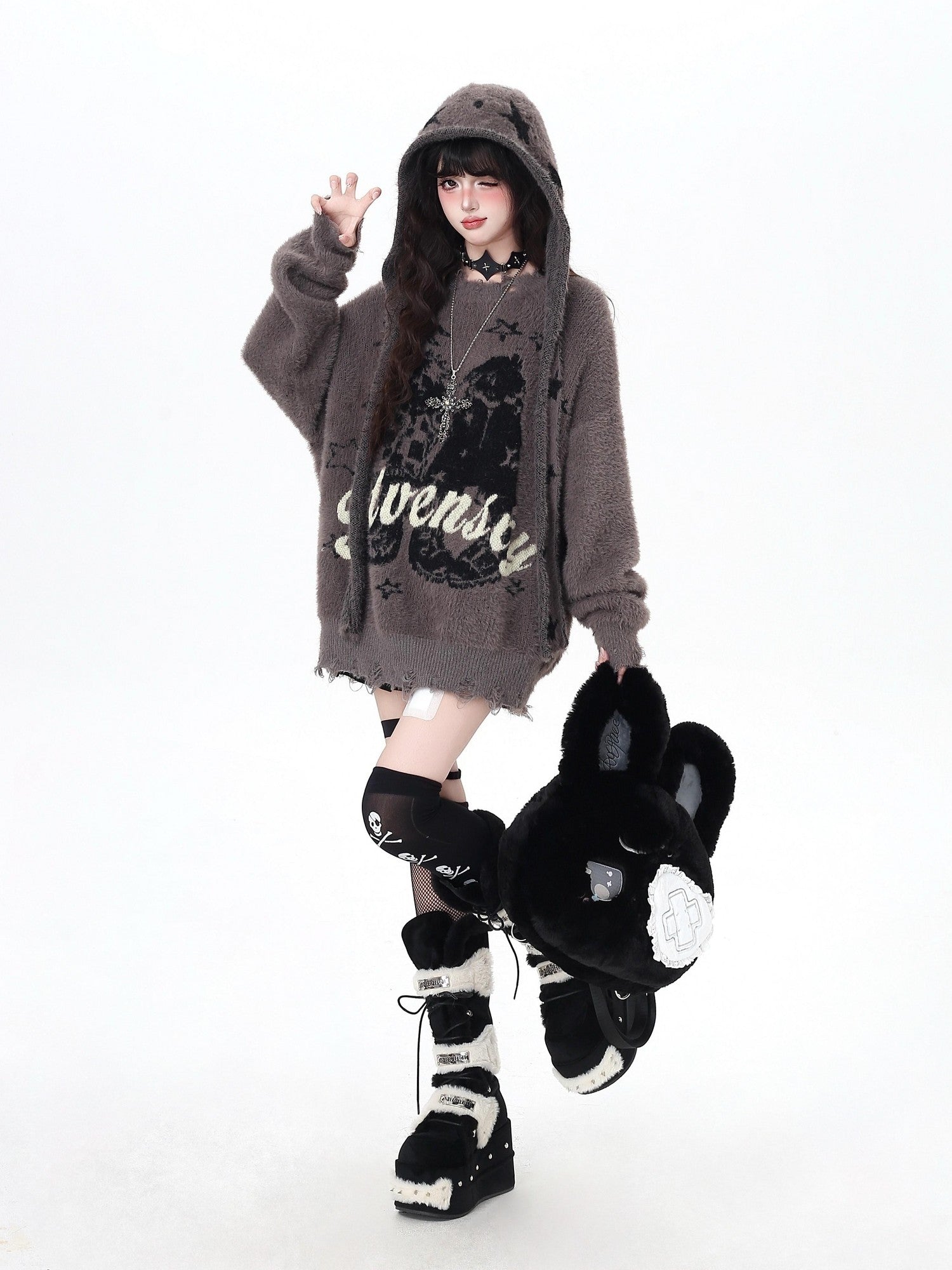 Crazy Girl Soft Relaxed Detachable Hood Vintage Letter Women&