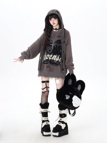 Crazy Girl Soft Relaxed Detachable Hood Vintage Letter Women&