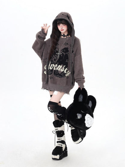 Crazy Girl Soft Relaxed Detachable Hood Vintage Letter Women&