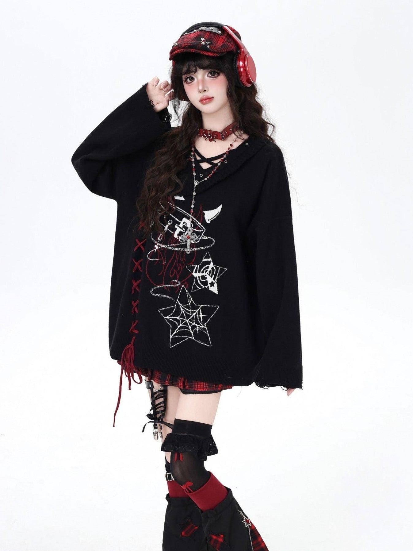 Crazy Girl Solid Gothic Crisscross Strap Loose Casual Women&