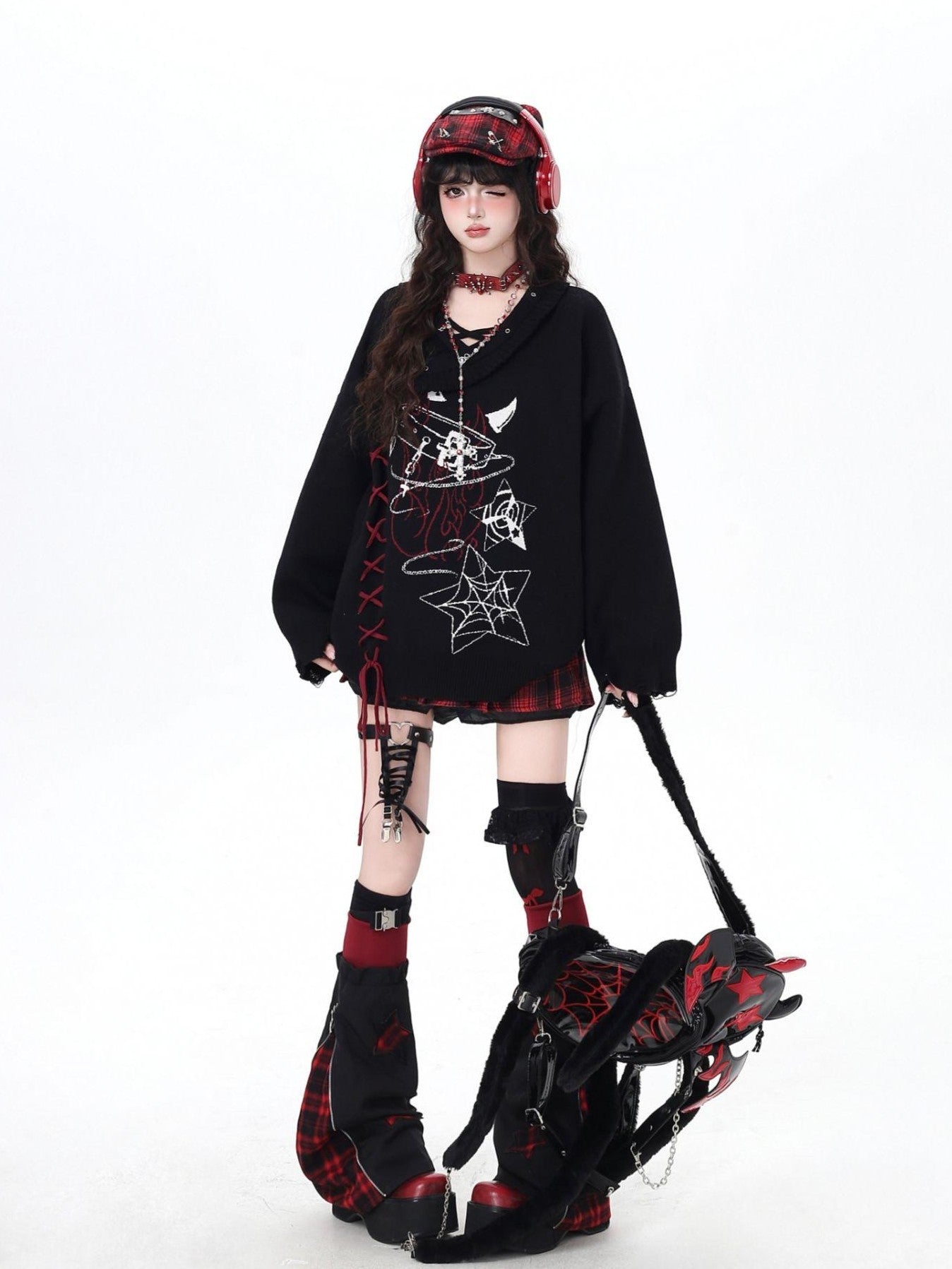 Crazy Girl Solid Gothic Crisscross Strap Loose Casual Women&