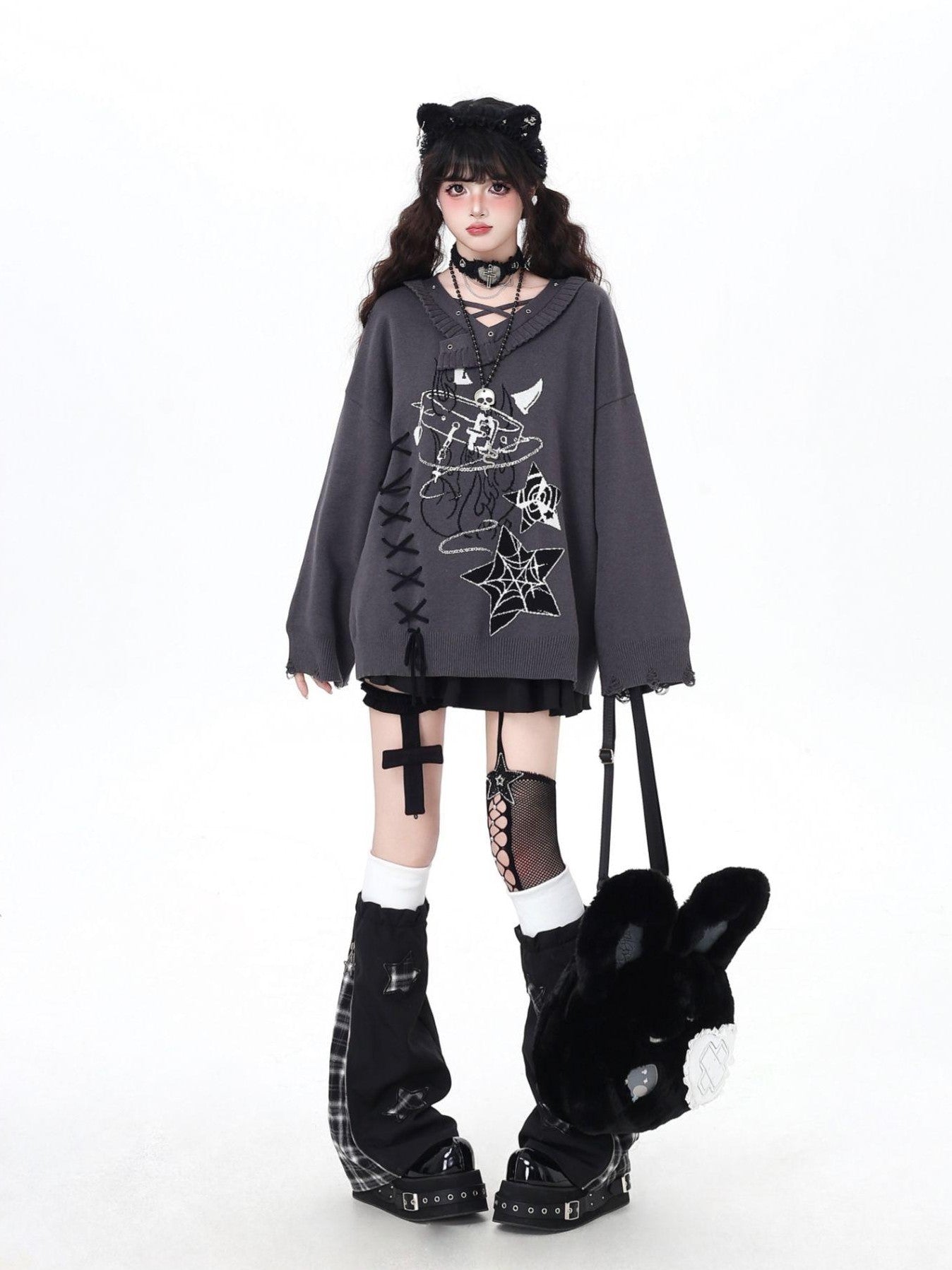 Crazy Girl Solid Gothic Crisscross Strap Loose Casual Women&